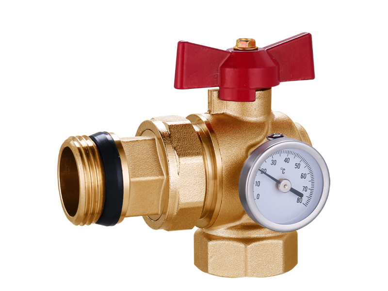 KOTNI KROGLIČNI VENTIL 1'' ZA TALNO GRETJE Z TERMOMETROM RDEČ