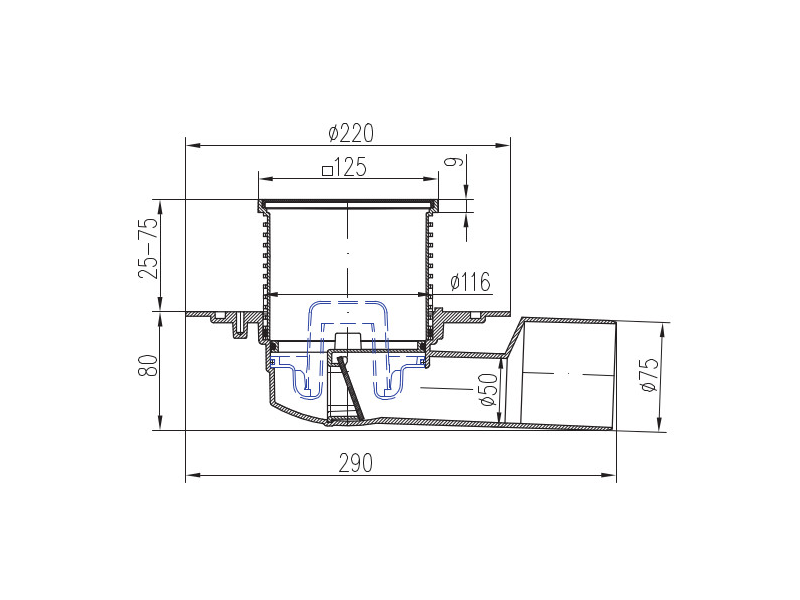 ULIČNI SIFON,HORIZONTALNI ODTOK  FI50 /75   SUHI INOX  MANŠETA Z VIJAKI ČRNA REŠETKA 10x10