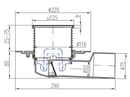 ULIČNI SIFON,HORIZONTALNI ODTOK  FI50 /75   SUHI INOX  MANŠETA Z VIJAKI ČRNA REŠETKA 10x10